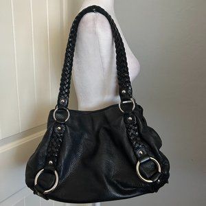 Banana Republic Black Leather Hobo Bag Braided Shoulder Strap Center Zip Pocket